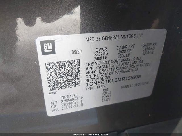 44620537 :رقم المزاد ، 1GNSCTKL3MR156938 vin ، 2021 Chevrolet Tahoe 2wd High Country مزاد بيع