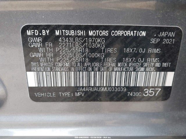 Продаж на аукціоні авто 2021 Mitsubishi Outlander Sport 2.0 Be Awc/2.0 Es Awc/2.0 Le Awc/2.0 Se Awc, vin: JA4ARUAU9MU033039, номер лоту: 44620558