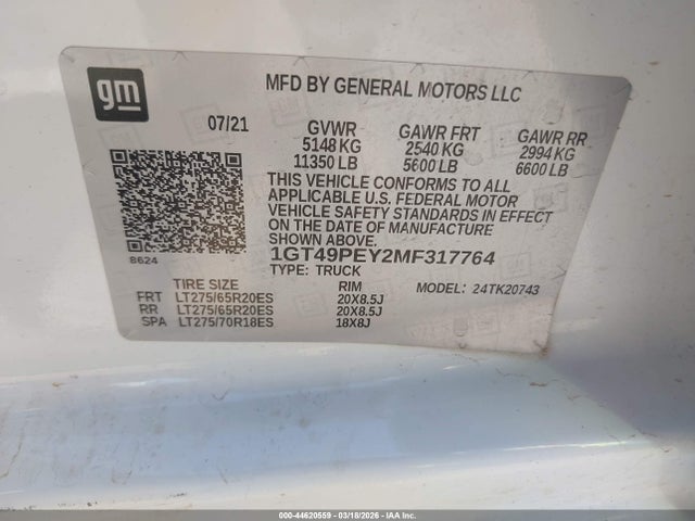 1GT49PEY2MF317764 GMC Sierra 2500hd 4wd Standard Bed At4