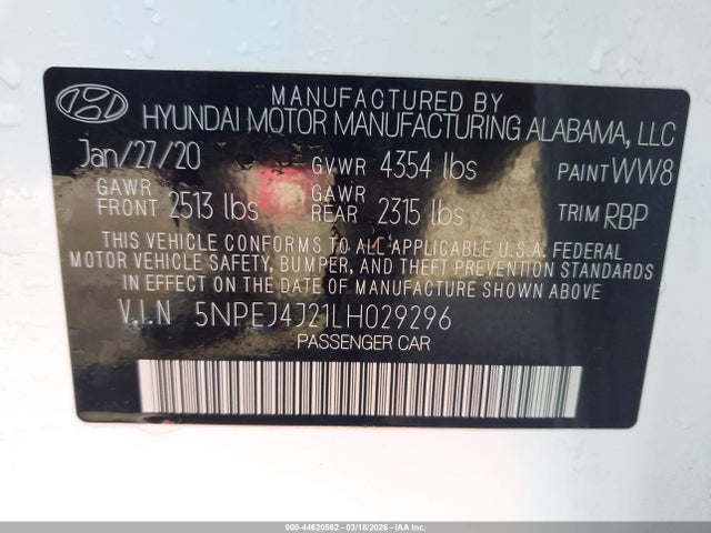 Aukcja sprzedaży 2020 Hyundai Sonata Sel Plus, vin: 5NPEJ4J21LH029296, numer aukcji: 44620562