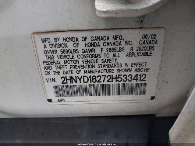 2002 Acura Mdx მანქანა იყიდება აუქციონზე, vin: 2HNYD18272H533412, აუქციონის ნომერი: 44620595