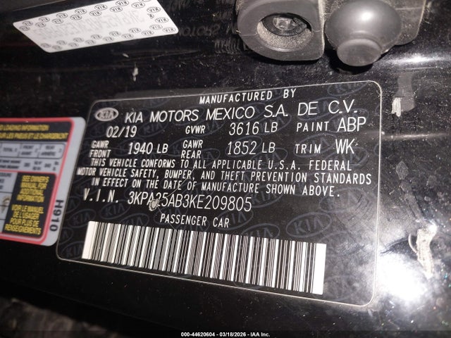 Продажа на аукционе авто 2019 Kia Rio 5-door S, vin: 3KPA25AB3KE209805, номер лота: 44620604