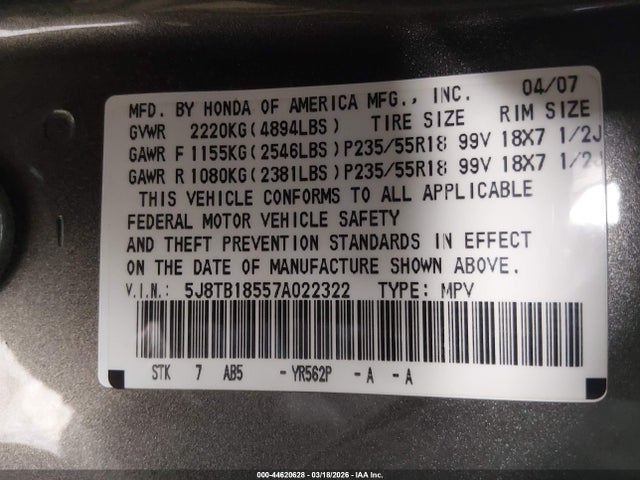 44620628 :رقم المزاد ، 5J8TB18557A022322 vin ، 2007 Acura Rdx مزاد بيع