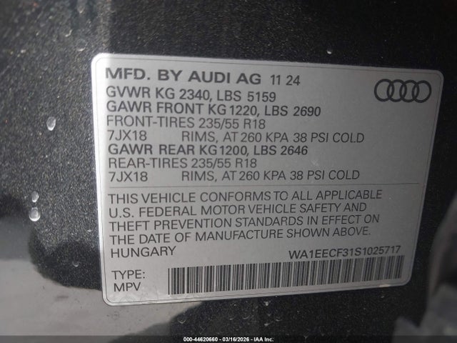 Aukcja sprzedaży 2025 Audi Q3 Premium 45 Tfsi S Line Quattro Tiptronic, vin: WA1EECF31S1025717, numer aukcji: 44620660