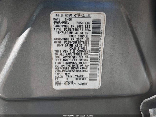 Aukcja sprzedaży 2006 Nissan Murano Sl, vin: JN8AZ08W16W550014, numer aukcji: 44620663