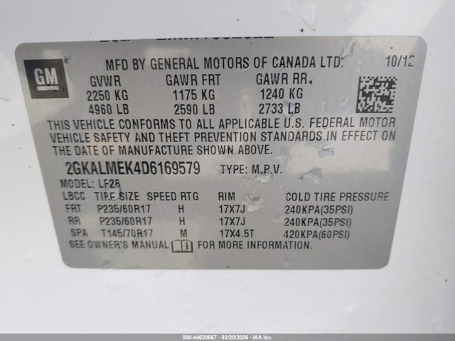 Aukcja sprzedaży 2013 Gmc Terrain Sle-1, vin: 2GKALMEK4D6169579, numer aukcji: 44620667