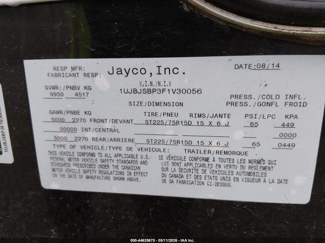 Продажа на аукционе авто 2015 Jayco Octane 273, vin: 1UJBJSBP3F1V30056, номер лота: 44620675