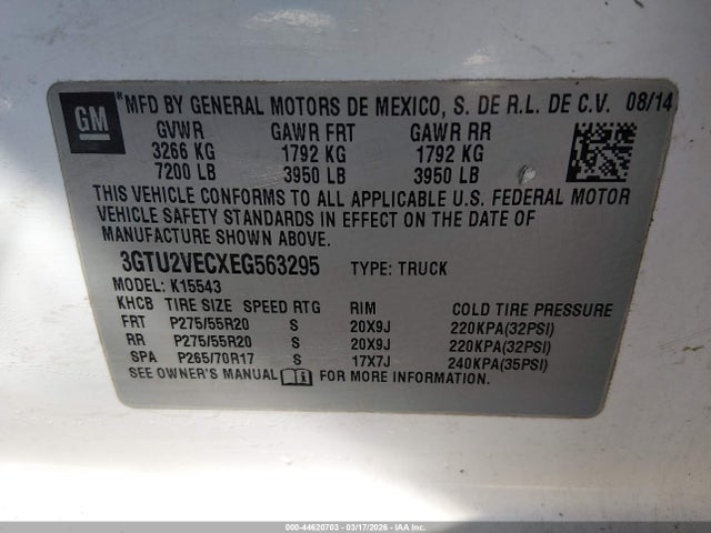 Aukcja sprzedaży 2014 Gmc Sierra 1500 Slt, vin: 3GTU2VECXEG563295, numer aukcji: 44620703