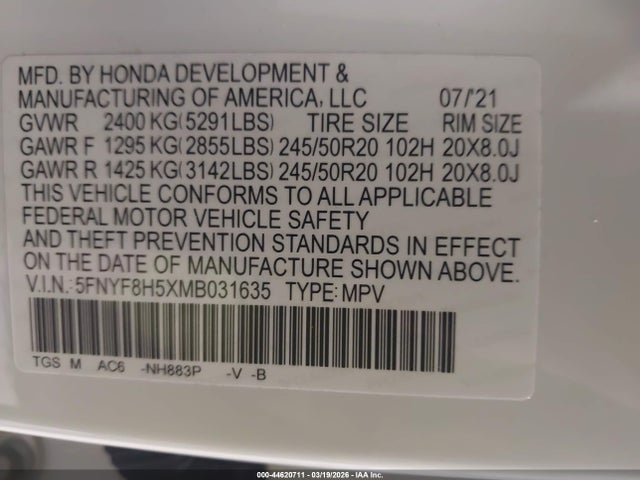 2021 HONDA PASSPORT 5FNYF8H5XMB031635 Photo 8