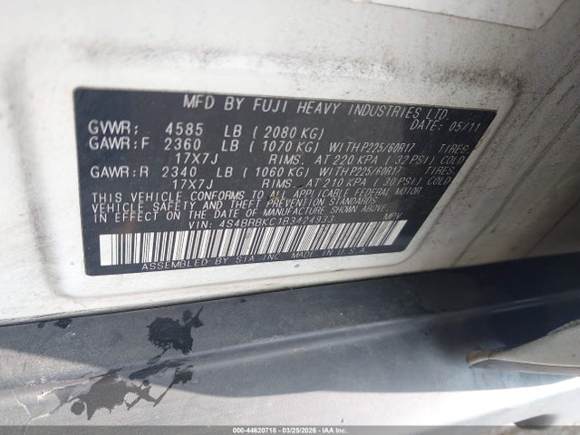 2011 Subaru Outback 2.5i Limited მანქანა იყიდება აუქციონზე, vin: 4S4BRBKC1B3424933, აუქციონის ნომერი: 44620718