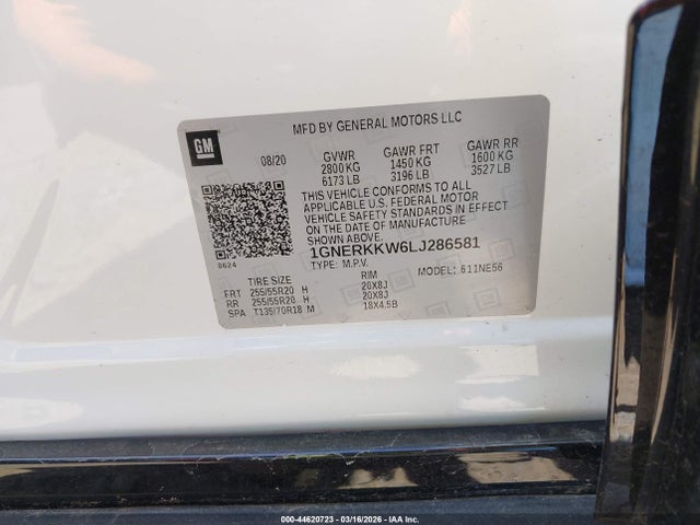 44620723 :رقم المزاد ، 1GNERKKW6LJ286581 vin ، 2020 Chevrolet Traverse Fwd Premier مزاد بيع