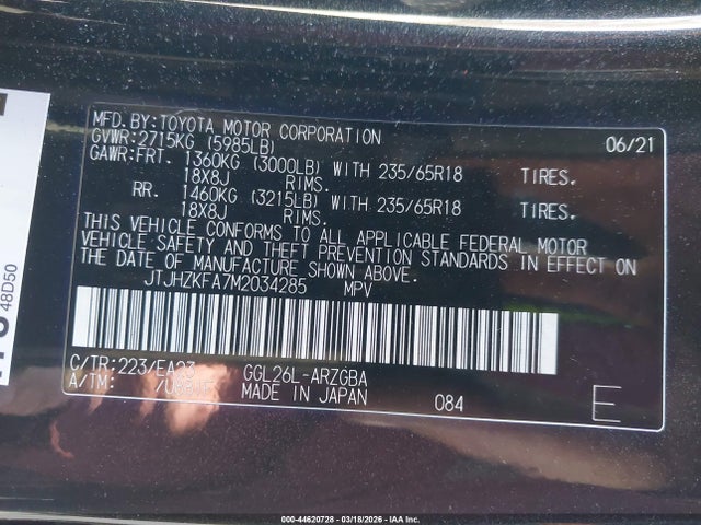 44620728 :رقم المزاد ، JTJHZKFA7M2034285 vin ، 2021 Lexus Rx 350l مزاد بيع