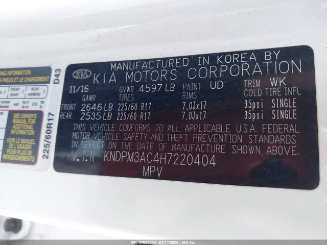 Продажа на аукционе авто 2017 Kia Sportage Lx, vin: KNDPM3AC4H7220404, номер лота: 44620748