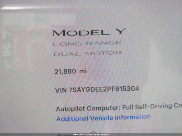 2023 Tesla Model Y Awd/long Range Dual Motor All-wheel Drive მანქანა იყიდება აუქციონზე, vin: 7SAYGDEE2PF615304, აუქციონის ნომერი: 44620751