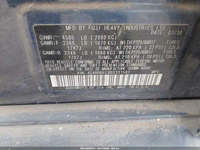 44620761 :رقم المزاد ، 4S4BRBFCXB3331502 vin ، 2011 Subaru Outback 2.5i Premium مزاد بيع