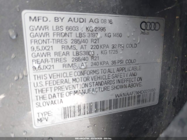 Продаж на аукціоні авто 2017 Audi Q7 3.0t Premium, vin: WA1VAAF7XHD027850, номер лоту: 44620764