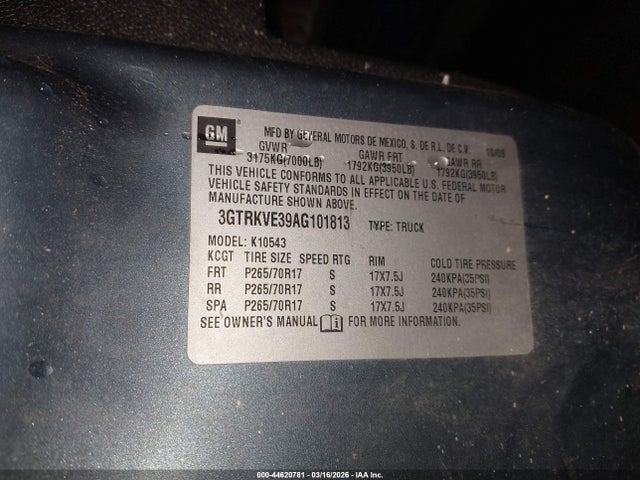 Aukcja sprzedaży 2010 Gmc Sierra 1500 Sle, vin: 3GTRKVE39AG101813, numer aukcji: 44620781