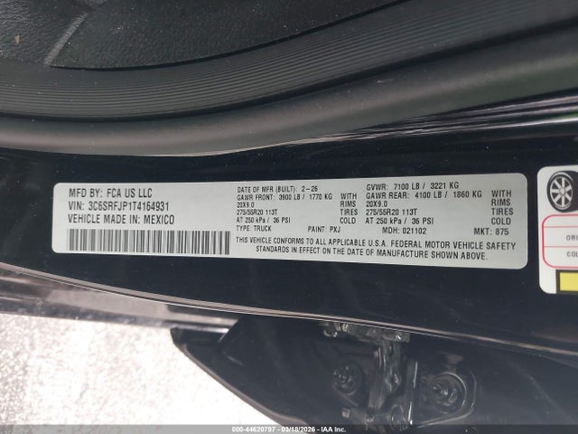 Продажа на аукционе авто 2026 Ram 1500 Laramie  4x4 5'7 Box, vin: 3C6SRFJP1T4164931, номер лота: 44620797