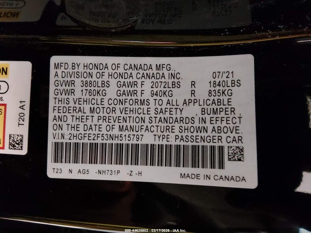Продаж на аукціоні авто 2022 Honda Civic Sport, vin: 2HGFE2F53NH515797, номер лоту: 44620802