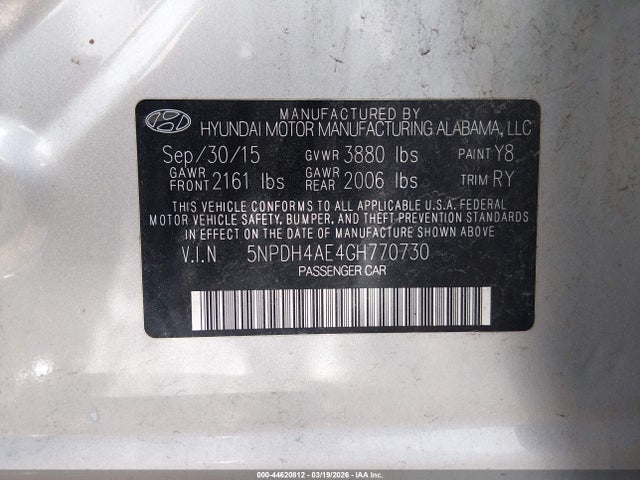 Aukcja sprzedaży 2016 Hyundai Elantra Value Edition, vin: 5NPDH4AE4GH770730, numer aukcji: 44620812