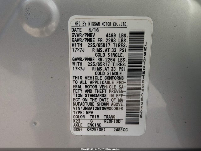 JN8AT2MT0GW000698 Nissan ROGUE S