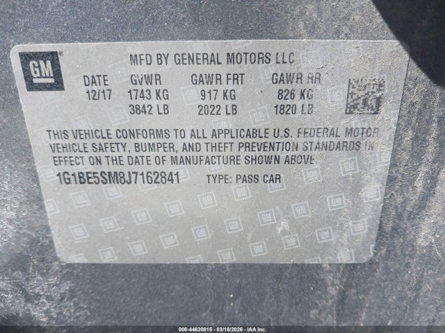 2018 Chevrolet Cruze Lt Auto მანქანა იყიდება აუქციონზე, vin: 1G1BE5SM8J7162841, აუქციონის ნომერი: 44620815