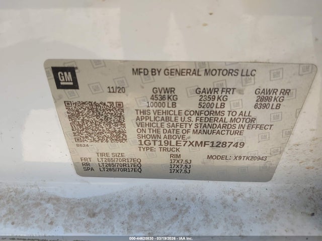 44620830 :رقم المزاد ، 1GT19LE7XMF128749 vin ، 2021 Gmc Sierra 2500hd 4wd  Long Bed مزاد بيع