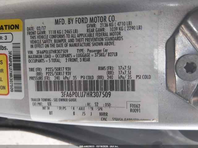 44620833 :رقم المزاد ، 3FA6P0LU7HR307509 vin ، 2017 Ford Fusion Hybrid Se مزاد بيع