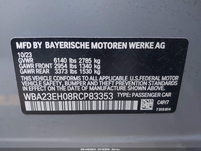 2024 Bmw 740i მანქანა იყიდება აუქციონზე, vin: WBA23EH08RCP83353, აუქციონის ნომერი: 44620835
