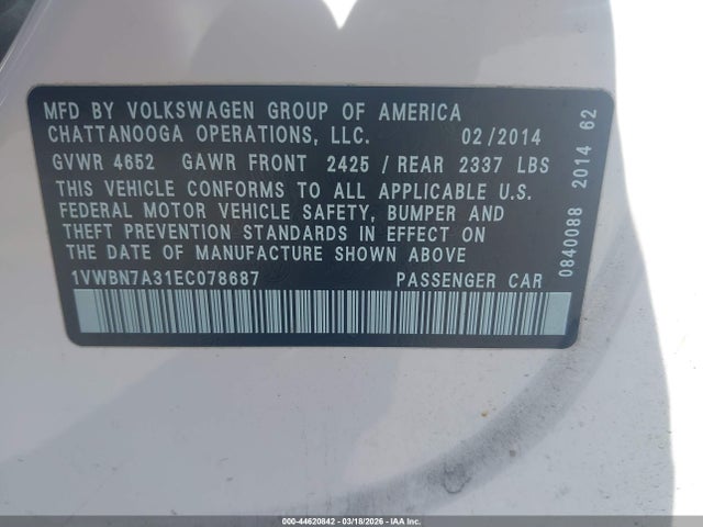 2014 Volkswagen Passat 2.0l Tdi Se მანქანა იყიდება აუქციონზე, vin: 1VWBN7A31EC078687, აუქციონის ნომერი: 44620842