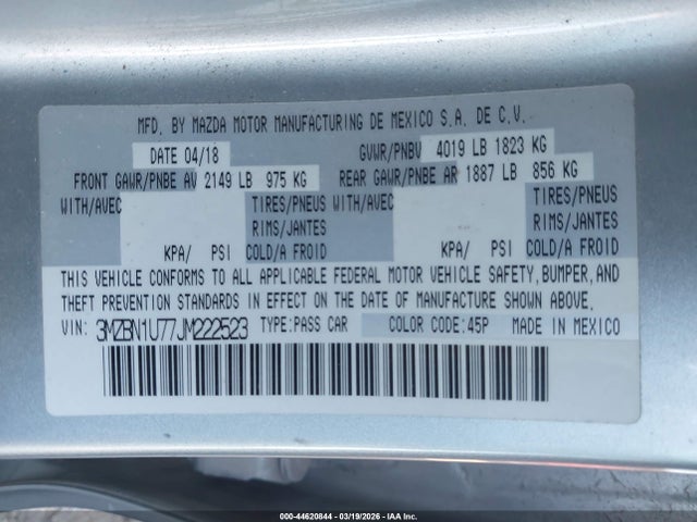 2018 Mazda Mazda3 Sport მანქანა იყიდება აუქციონზე, vin: 3MZBN1U77JM222523, აუქციონის ნომერი: 44620844