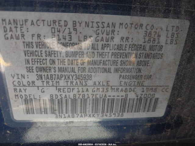 3N1AB7APXKY345938 Nissan SENTRA S