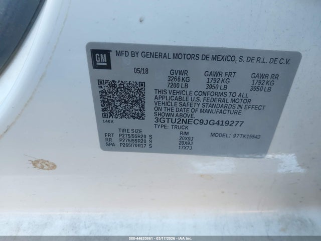 Aukcja sprzedaży 2018 Gmc Sierra 1500 Slt, vin: 3GTU2NEC9JG419277, numer aukcji: 44620861
