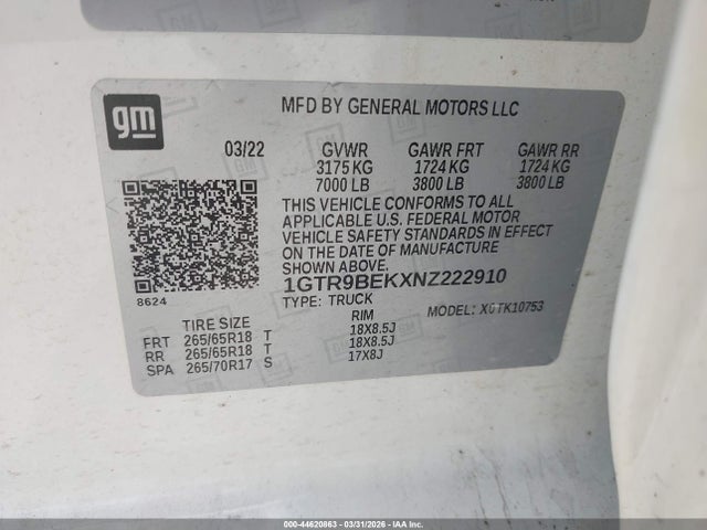 Продаж на аукціоні авто 2022 Gmc Sierra 1500 Limited 4wd  Standard Box Sle, vin: 1GTR9BEKXNZ222910, номер лоту: 44620863