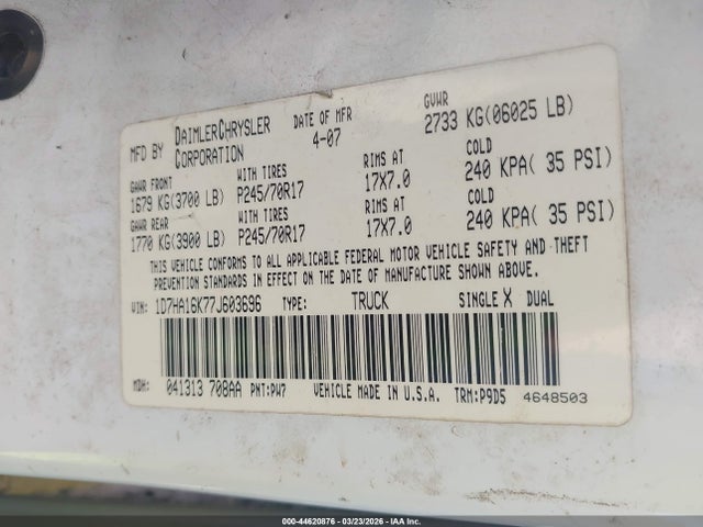 44620876 :رقم المزاد ، 1D7HA16K77J603696 vin ، 2007 Dodge Ram 1500 St مزاد بيع