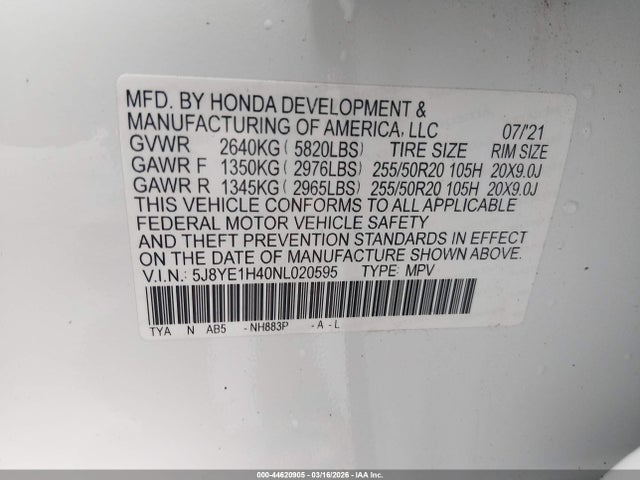44620905 :رقم المزاد ، 5J8YE1H40NL020595 vin ، 2022 Acura Mdx Technology Package مزاد بيع