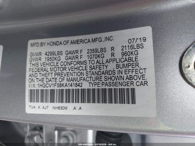 Продажа на аукционе авто 2019 Honda Accord Ex-l, vin: 1HGCV1F58KA141842, номер лота: 44620908