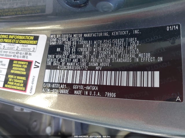 2014 Toyota Venza Limited V6 მანქანა იყიდება აუქციონზე, vin: 4T3ZK3BBXEU067712, აუქციონის ნომერი: 44620925