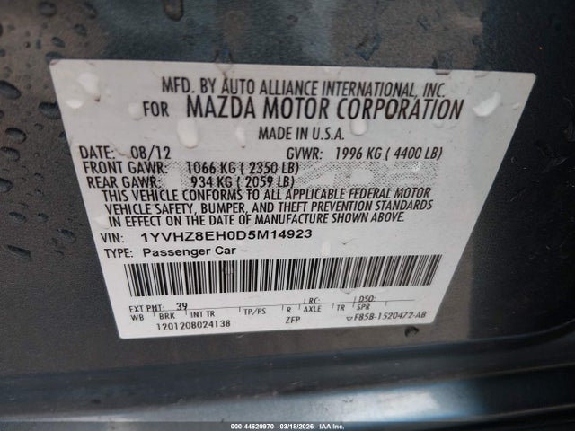 44620970 :رقم المزاد ، 1YVHZ8EH0D5M14923 vin ، 2013 Mazda Mazda6 I Touring Plus مزاد بيع