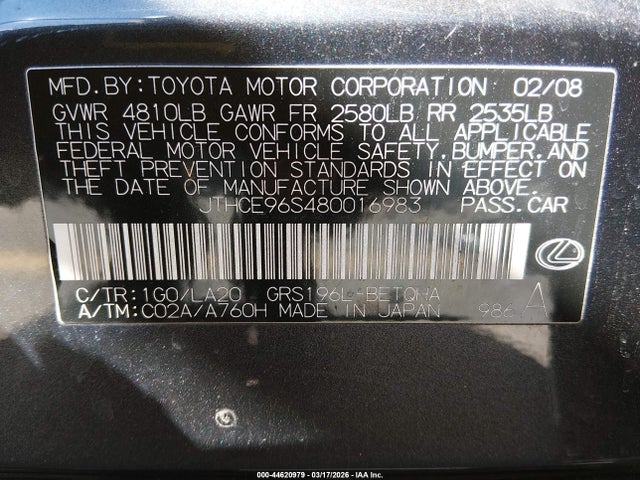 2008 Lexus Gs 350 მანქანა იყიდება აუქციონზე, vin: JTHCE96S480016983, აუქციონის ნომერი: 44620979