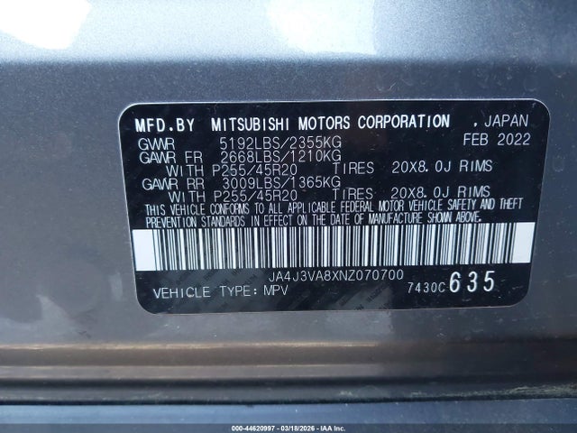 2022 MITSUBISHI OUTLANDER JA4J3VA8XNZ070700 Photo 8