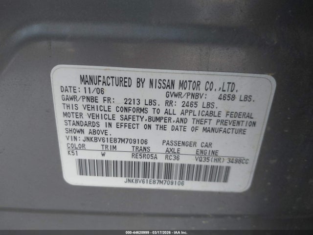 44620999 :رقم المزاد ، JNKBV61E87M709106 vin ، 2007 Infiniti G35 Sport مزاد بيع