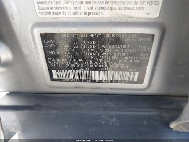 2012 Subaru Outback 2.5i Limited მანქანა იყიდება აუქციონზე, vin: 4S4BRBJC5C3201460, აუქციონის ნომერი: 44621004
