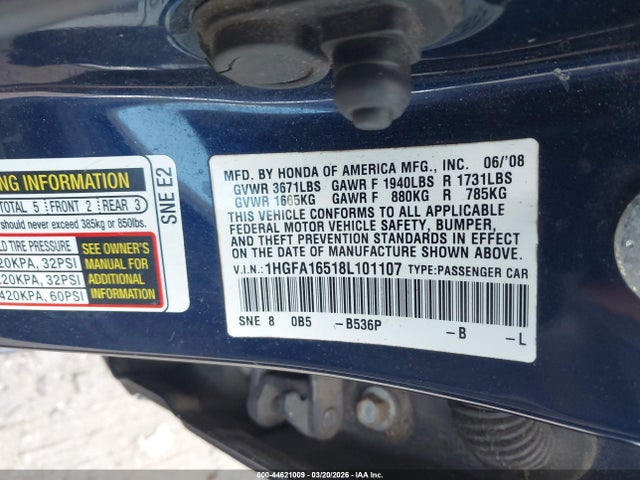 Продаж на аукціоні авто 2008 Honda Civic Lx, vin: 1HGFA16518L101107, номер лоту: 44621009