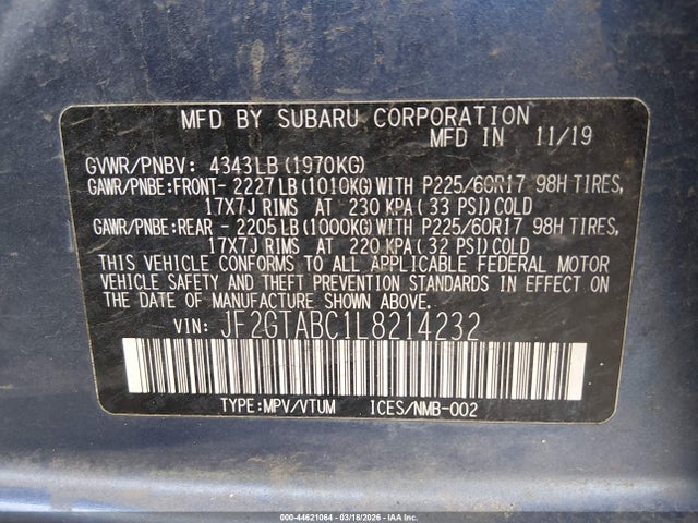 Auction sale of the 2020 Subaru Crosstrek, vin: JF2GTABC1L8214232, lot number: 44621064