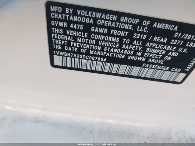 Продажа на аукционе авто 2013 Volkswagen Passat 2.5l Se, vin: 1VWBH7A33DC087834, номер лота: 44621092