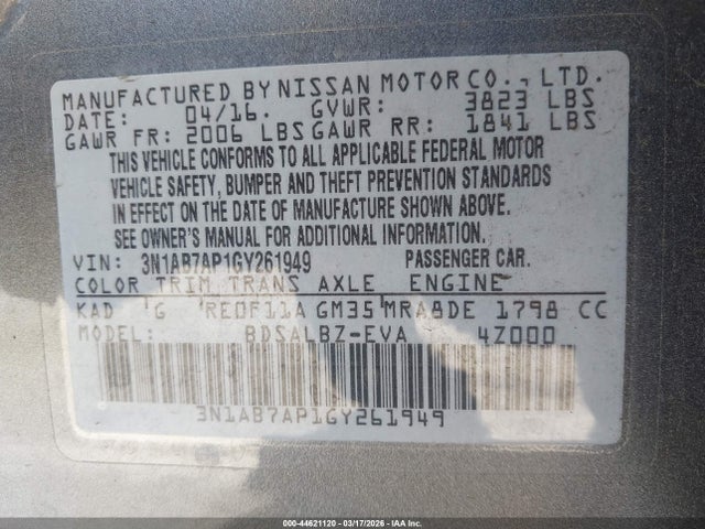 3N1AB7AP1GY261949 Nissan Sentra Fe+ S/s/sl/sr/sv