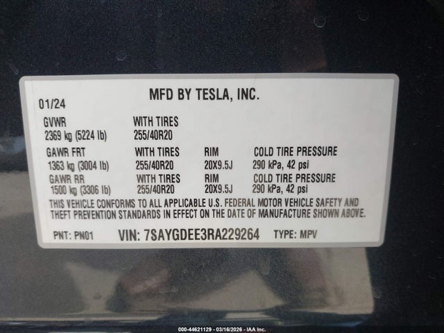 2024 Tesla Model Y Long Range Dual Motor All-wheel Drive მანქანა იყიდება აუქციონზე, vin: 7SAYGDEE3RA229264, აუქციონის ნომერი: 44621129