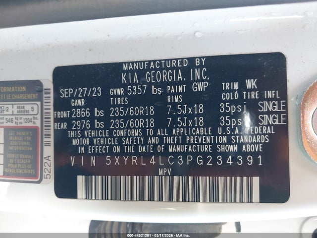 2023 Kia Sorento S მანქანა იყიდება აუქციონზე, vin: 5XYRL4LC3PG234391, აუქციონის ნომერი: 44621201