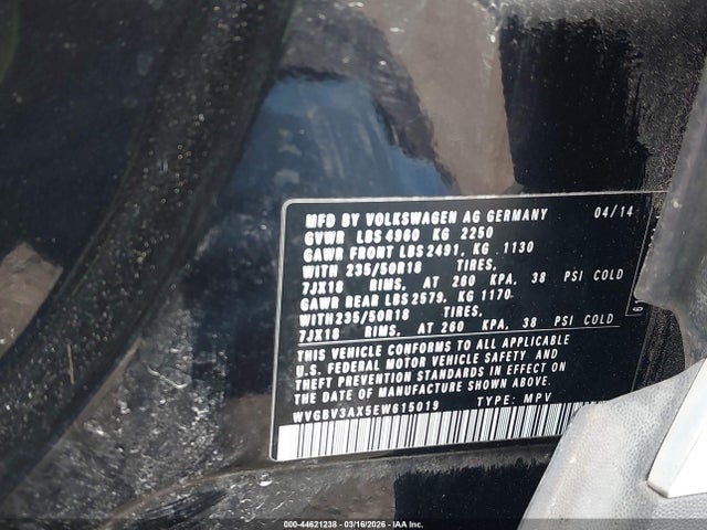 44621238 :رقم المزاد ، WVGBV3AX5EW615019 vin ، 2014 Volkswagen Tiguan Se مزاد بيع